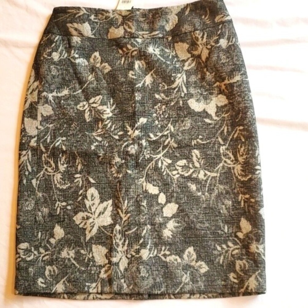 NWT ANN TAYLOR SILVER BLACK FLORAL BROCADE TAPESTRY PENCIL SKIRT SIZE 2 HOLIDAY